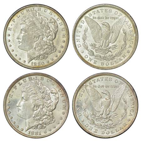 United States of America, silver morgan dollar (2), AD 1880, without mintmark, 26.71g and 