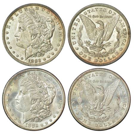 United States of America, silver morgan dollar (2), AD 1882, 26.59g, O mintmark and 26.70g