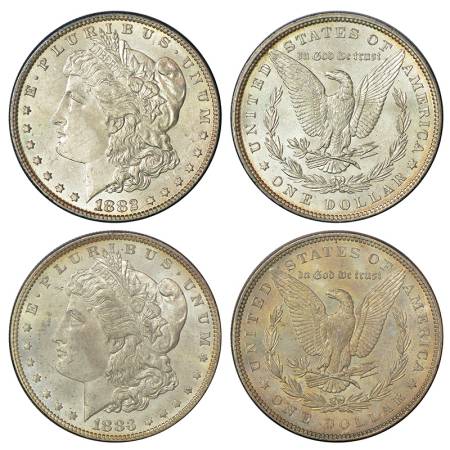 United States of America, silver morgan dollar (2), AD 1882, 26.73g and AD 1883, 26.70g, w