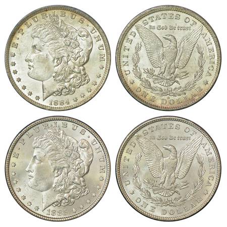 United States of America, silver morgan dollar (2), AD 1884, O mintmark and 26.67g and AD 