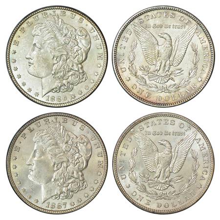 United States of America, silver dollar (2), AD 1886, 26.68g and AD 1887, 26.68g, without 