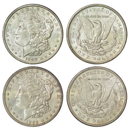 United States of America, silver morgan dollar (2), AD 1890, 26.65g and AD 1896, 26.66g, w