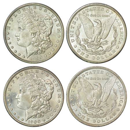 United States of America, silver morgan dollar (2), AD 1899, 26.71g and AD 1900, 26.71g, '