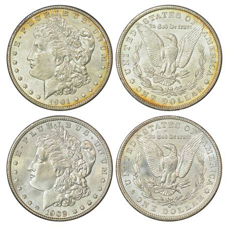 United States of America, silver morgan dollar (2), AD 1901, 26.76g and AD 1902, 26.70g, '