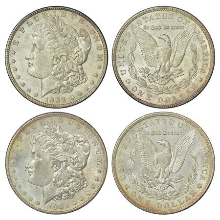 United States of America, silver morgan dollar (2), AD 1903, without mintmark, 26.73g and 