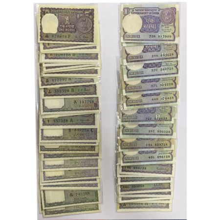 1 rupee, set of 59 different notes, 1949 to 1994, with different dates, types & signatures