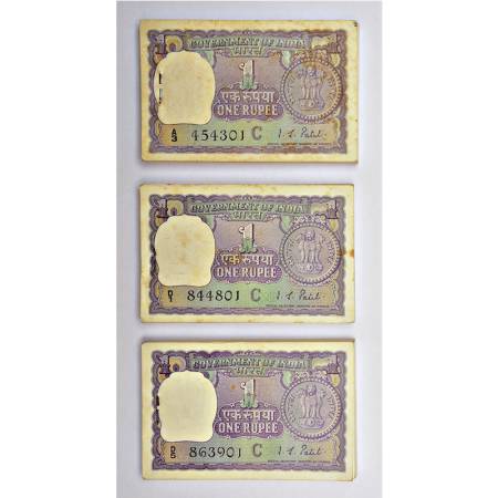 1 rupee, full packet of 100 notes (3), 1969, signed by I.G. Patel, inset 'C', serial no.: 