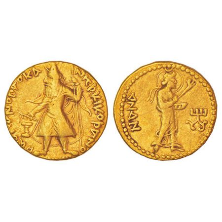 Kushans , gold dinar of Kanishka (c.127-152 AD), Gobl 35, 7.89g. Obv: King standing wearin