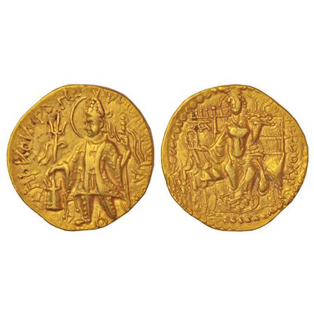 Kushans - gold dinar of Vasishka (c.249-265 AD), Goebl 557, 7.69g. Obv: Diademed king wear