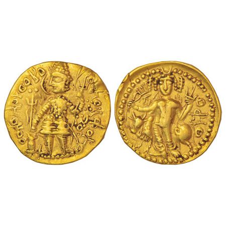 Kushans, gold dinar, temp. Vasudeva II (c.250-300 AD), Goebl 663, 7.73g. Obv: Nimbate king