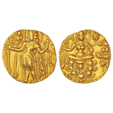 Gupta Empire , gold dinar of Chandra Gupta II (375-415 AD), 'Archer-Goddess on Lotus' type