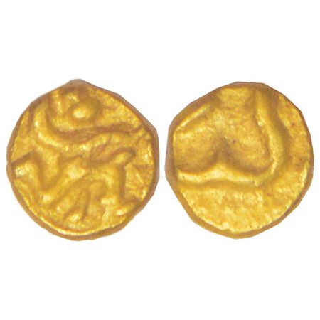 Shilaharas of Kolhapur, gold ¼ fanam, 0.13g. Obv: Garuda running to right. Rev: Kannada le