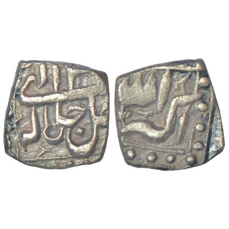Akbar (1556-1605 AD), silver square ⅛ rupee, mintless type, Ilahi 3x, KM 51.1, 1.36g. Good
