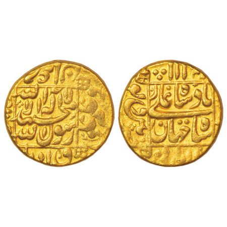 Shah Jahan (1628-1658 AD) - gold mohur, 'square areas' type, Patan Deo mint, RY10(9), comp