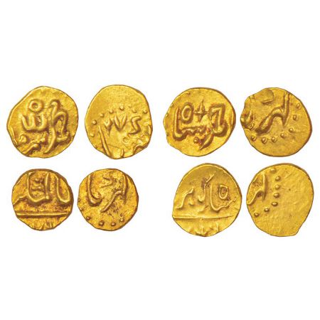 A group of 4 gold ½ fanams from Karpa mint, weighing 0.19g each, 1x Muhammad Shah, 1x Ahma