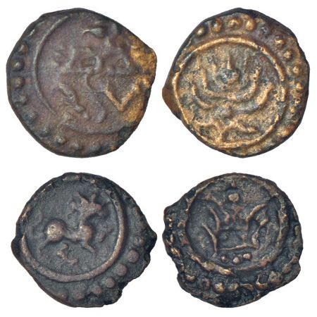 Travancore, copper thira cash (2), (A) BS 183.1, 1.10g. Obv: Garuda standing facing left w