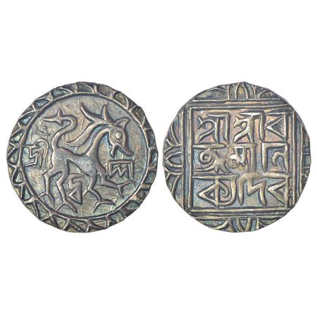 Tripura, Ratna Manikya (1464-1489 AD), silver tanka, undated, R&B-T 31, 10.48g. Obv: Lion 