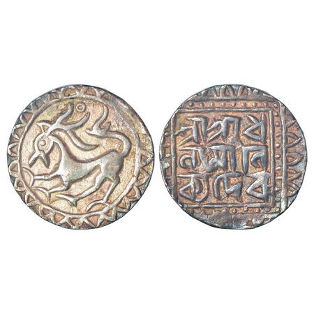 Tripura, Dhanya Manikya (1490-1526 AD), silver tanka, undated, R&B-T 47, 10.39g. Obv: Lion