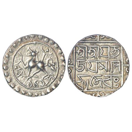 Tripura, Jaya Manikya (1573-1577 AD), silver tanka, Sake 1495, R&B-T 147, 10.65g. Obv: Lio