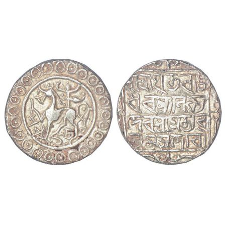 Tripura, Rajadhara Manikya (1586-1599 AD), silver tanka, with citing Queen Satyavati, Sake
