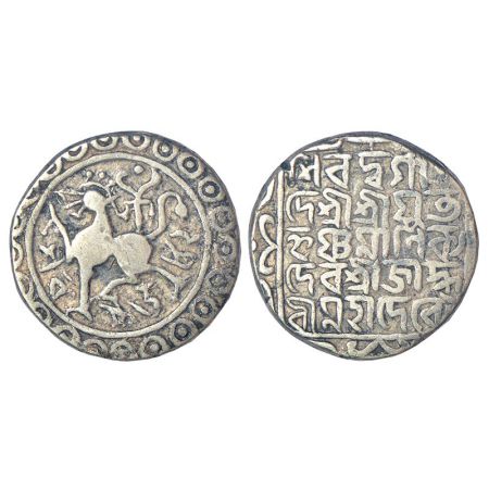 Tripura, Krishna Manikya (1760-1783 AD), silver tanka, with citing Queen Jahnavi , Sake 15