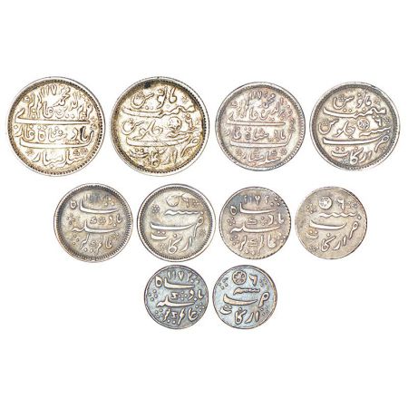 Madras Presidency, Arkat mint, set of 5 silver coins, 1 rupee, 11.64g, ½ rupee, 5.70g, ¼ r