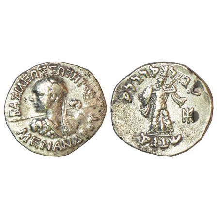 Indo-Greeks, silver drachm of Menander I (c.155-130 BC), BN Series 7A, 2.40g. Obv: Diademe
