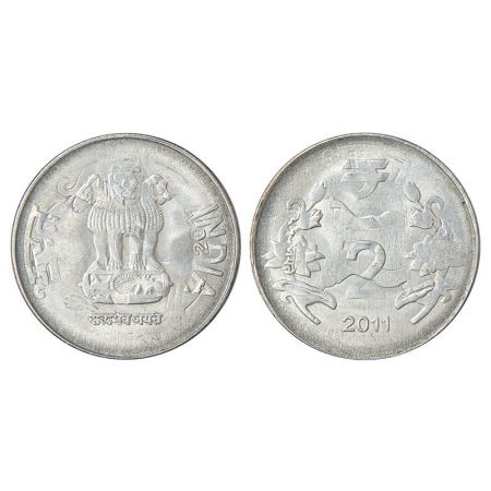 2011, ferratic stainless steel, 2 rupees, Calcutta mint, flip error and double struck on b