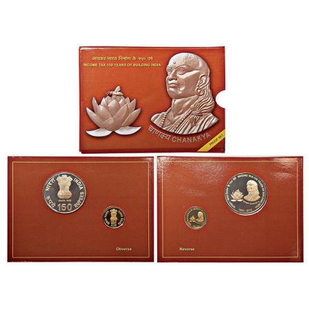 2010, Income Tax-150 Years of Building India, proof set of 2 coins, 150 rupees and 5 rupee