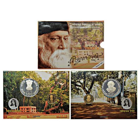 2011, 150th Birth Anniversary of Rabindranath Tagore, proof set of 2 coins, 150 rupees and