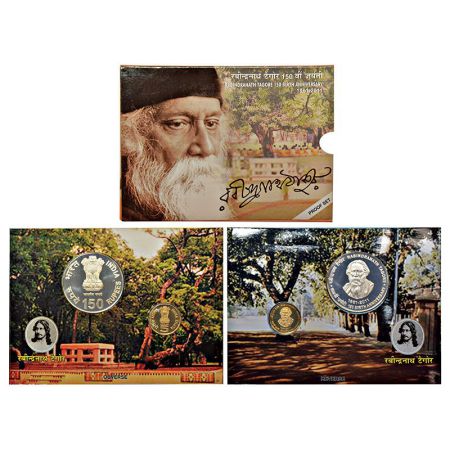 2011, 150th Birth Anniversary of Rabindranath Tagore, proof set of 2 coins, 150 rupees and