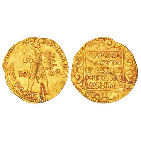 Netherlands, gold ducat, 1702, 3.50g. Obv: Armored knight standing to right, dividing date