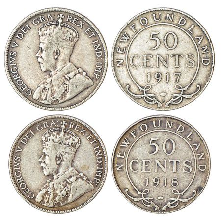 Newfoundland, George V (1910-1936 AD), silver 50 cents (2), 1x 1917, 11.47g and 1x 1918, 1