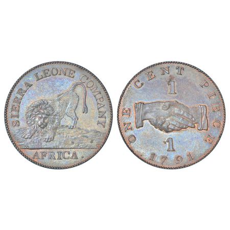 Sierra Leone, Proof, bronze 1 cent, 1791, KM 1, 12.56g. Obv: Crouching lion. Rev: Clasped 