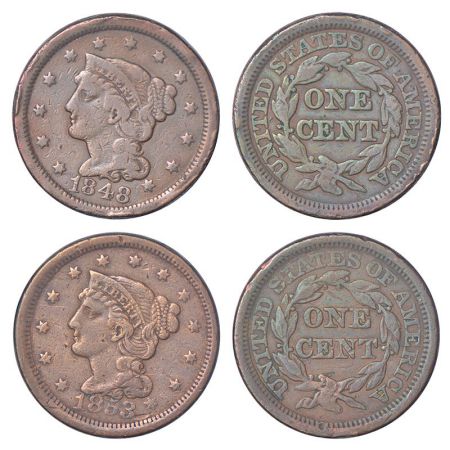 United States of America, copper 1 cent (2), 1848, 10.47g and 1853, 10.19g, KM 67. Obv: Bu