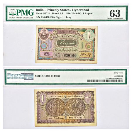 Hyderabad, 1 rupee, 2nd issue, ND (1943) signed by Liaqat Jung, serial no.: R/4 630100, fi
