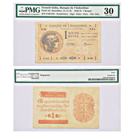 Indo-French Territories, 1 roupie, dated 8th March 1938, signed by Marcel Borduge as Presi