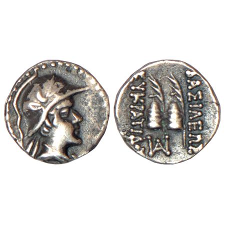Indo-Greeks, silver obol of Eucratides (170-145 BC), BN series 9, 0.54g. Obv: Helmeted bus