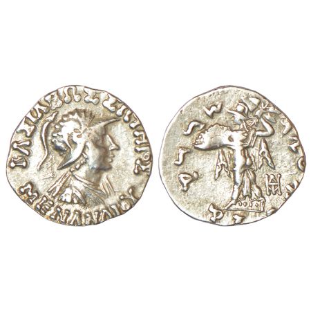 Indo-Greeks, silver drachm of Menander I (155-130 BC), BN series 16, 2.44g. Obv: Diademed 