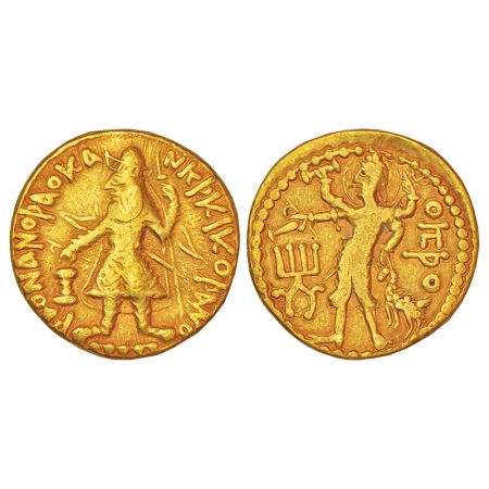 Kushans, gold dinar of Kanishka I (c.127-151 AD), Gobl 37, 7.83g. Obv: King wearing hat an