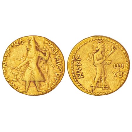 Kushan Empire - gold stater of Kanishka I (c.127-150 AD), Goebl 35, 7.88g. Obv: Kanishka, 