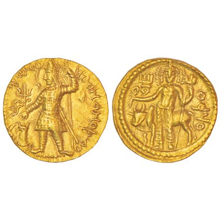 Kushans - gold dinara of Vasudeva I (c.160-240 AD). Göbl 509, 8.05g. Obv: Nimbate and mous
