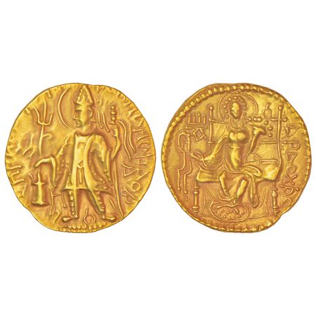 Kushans - gold dinara of Vasishka (c.249-265 AD), Göbl 557, 7.84g. Obv: Nimbate diademed k