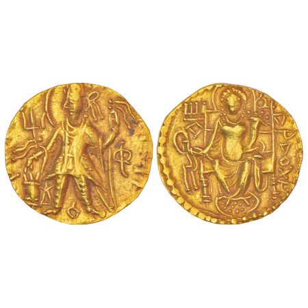 Kushans - gold dinara of Vasishka (c.249-265 AD), Göbl 559, 7.88g. Obv: Nimbate diademed k