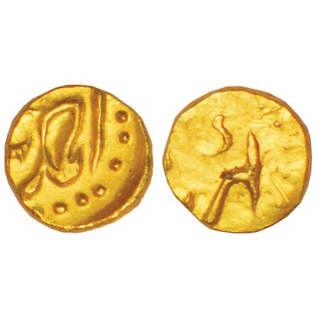 Ahmad Shah Bahadur (1748-1754 AD), gold ½ fanam, Karpa mint, unlisted in KM, 0.17g. Extrem