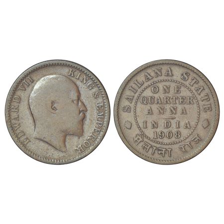 Sailana, Jaswant Singh (1890-1919 AD), copper ¼ anna, AD 1908, KM 15, 4.64g. Obv: Portrait