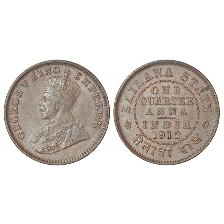 Sailana, Jaswant Singh (1890-1919 AD), copper ¼ anna, AD 1912, KM 16, 4.80g. Obv: Portrait