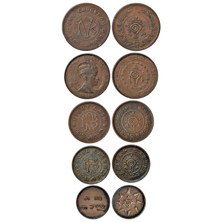 Travancore, copper coins (5), 1x Rama Varma VI (1885-1924 AD), 1 chukram, ND, KM 49, 10.53