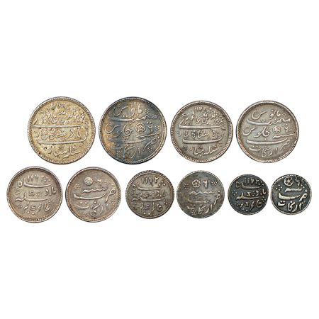 Madras Presidency, Arkat mint, set of 5 silver coins, 1 rupee, 11.59g; ½ rupee, 5.74g; ¼ r