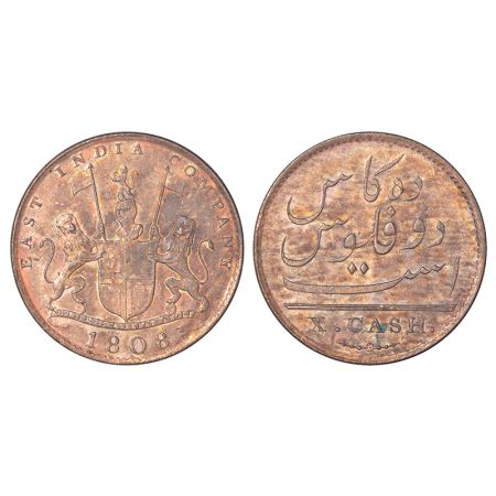 Madras Presidency, Soho mint, copper 10 cash, 4.57g, AD 1808. Obv: East India Company coat